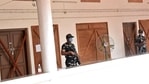 Security personnel stand guard outside a strong room ahead of counting of votes of the Kerala Assembly election, in Ernakulam district on Saturday. (ANI Photo) Security personnel stand guard outside a strong room ahead of counting of votes of the Kerala Assembly election, in Ernakulam district on Saturday. (ANI Photo)