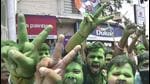 TMC activists celebrate their party's winning trend during the West Bengal state assembly polls, in Kolkata on Sunday, May 2. (PTI) TMC activists celebrate their party's winning trend during the West Bengal state assembly polls, in Kolkata on Sunday, May 2. (PTI)