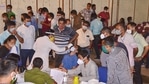 2021 Assam Election Results LIVE Updates: Officials wait for their turn to undergo Covid-19 test ahead of the counting of votes.(PTI Photo) 2021 Assam Election Results LIVE Updates: Officials wait for their turn to undergo Covid-19 test ahead of the counting of votes.(PTI Photo)