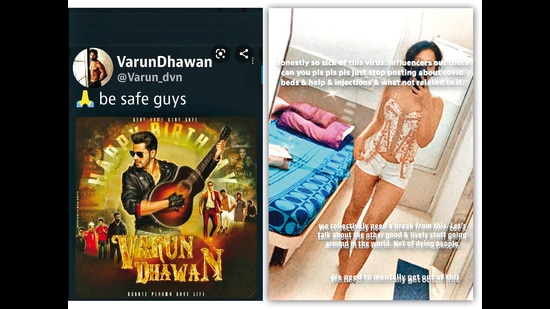 (Left) Varun Dhawan’s deleted post, which he took off saying it was ill-timed due to the Covid crisis; (Right) A controversial post by beauty influencer Priyam Joshi, requesting people to not post about Covid resources on Instagram