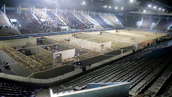 Netaji Indoor Stadium getting ready for the counting of votes of the West Bengal Assembly election, in Kolkata on Saturday. (ANI Photo)