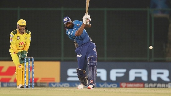 Kieron Pollard plays a shot during the match between the Mumbai Indians and the Chennai Super Kings at the Arun Jaitley Stadium. (ANI Photo/IPL Twitter) Kieron Pollard plays a shot during the match between the Mumbai Indians and the Chennai Super Kings at the Arun Jaitley Stadium. (ANI Photo/IPL Twitter)