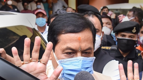 Assam chief minister Sarbananda Sonowal takes questions from the media in Guwahati on Sunday. (PTI Photo) (PTI)