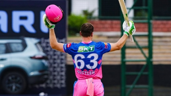 Jos Buttler of Rajasthan Royals celebrates his century. (PTI) Jos Buttler of Rajasthan Royals celebrates his century. (PTI)