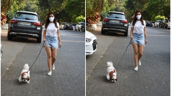Sophie Choudry takes her pet dog out for a stroll.(Varinder Chawla)