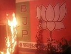A BJP party office at Arambagh was set ablaze where the party’s candidate Madhusudan Bag defeated TMC’s Sujata Mondal by around 7,100 votes.. (ANI Photo) A BJP party office at Arambagh was set ablaze where the party’s candidate Madhusudan Bag defeated TMC’s Sujata Mondal by around 7,100 votes.. (ANI Photo)