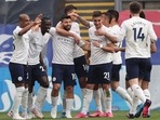 Manchester City players celebrate. Manchester City players celebrate.