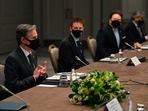 United States Secretary of State Antony Blinken, wearing a face mask to curb the spread of coronavirus, speaks to South Korea's Foreign Minister Chung Eui-yong during bilateral talks on the sidelines of a G7 foreign ministers meeting, at Grosvenor House Hotel, London. United States Secretary of State Antony Blinken, wearing a face mask to curb the spread of coronavirus, speaks to South Korea's Foreign Minister Chung Eui-yong during bilateral talks on the sidelines of a G7 foreign ministers meeting, at Grosvenor House Hotel, London.