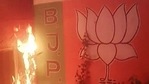 A BJP party office at Arambagh was set ablaze where the party’s candidate Madhusudan Bag defeated TMC’s Sujata Mondal by around 7,100 votes.. (ANI Photo) A BJP party office at Arambagh was set ablaze where the party’s candidate Madhusudan Bag defeated TMC’s Sujata Mondal by around 7,100 votes.. (ANI Photo)