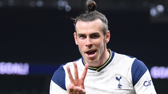 Tottenham's Gareth Bale celebrates after scoring his side's third goal during the English Premier League soccer match between Tottenham and Sheffield United,(AP)