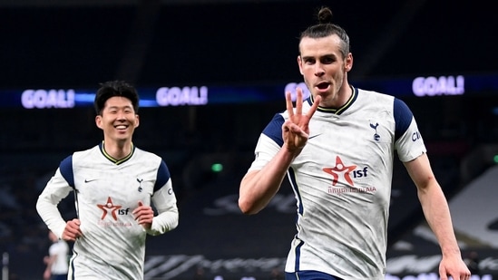 Tottenham Hotspur's Gareth Bale celebrates scoring their third goal and completes his hat-trick.(Pool via REUTERS)