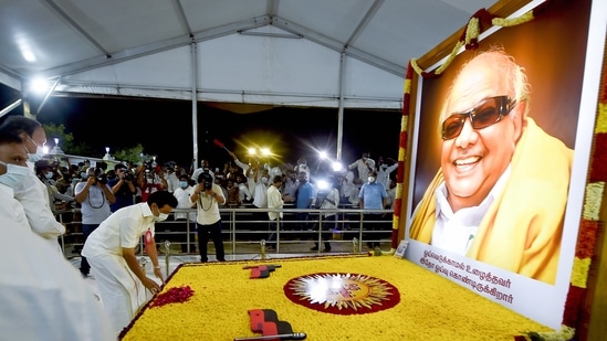 Dravida Munnetra Kazhagam (DMK) president MK Stalin visits his father and former chief minister of Tamil Nadu M Karunanidhi's memorial after the party’s victory in Tamil Nadu Assembly election, in Chennai on May 3. This was the first state elections held in Tamil Nadu after former chief ministers M Karunanidhi and J Jayalalithaa passed away.(R Senthil Kumar / PTI)