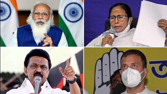 (Clockwise from top left): PM Narendra Modi; Mamata Banerjee; Rahul Gandhi; and MK Stalin. (File photos)