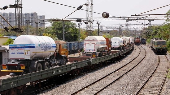 Oxygen Express loaded with tankers containing medical oxygen. (PTI) Oxygen Express loaded with tankers containing medical oxygen. (PTI)
