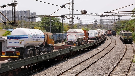 "A Ro-Ro (roll on roll off) service carrying four tankers loaded with liquid medical oxygen left from Hapa in Gujarat at 6:37am on May 3 and will reach Gurugram in Haryana in the morning of May 4," the Western Railway said.(PTI | Representational image) "A Ro-Ro (roll on roll off) service carrying four tankers loaded with liquid medical oxygen left from Hapa in Gujarat at 6:37am on May 3 and will reach Gurugram in Haryana in the morning of May 4," the Western Railway said.(PTI | Representational image)