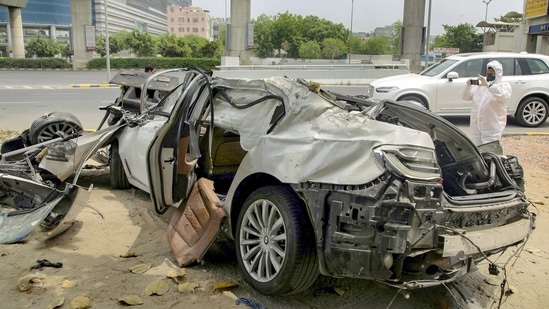Son of Rashtriya Swayamsevak Sangh (RSS) leader Pawan Jindal and his friend killed in a road accident after their speeding BMW rammed into a pillar of an underpass of DLF Phase-2 Rapid Metro Station, in Gurugram, Sunday, May 2, 2021. (PTI) Son of Rashtriya Swayamsevak Sangh (RSS) leader Pawan Jindal and his friend killed in a road accident after their speeding BMW rammed into a pillar of an underpass of DLF Phase-2 Rapid Metro Station, in Gurugram, Sunday, May 2, 2021. (PTI)