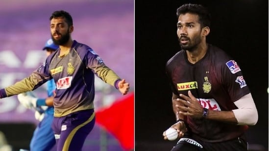 KKR bowler Varun Chakravarthy (L) and Sandeep Warrier (R) tested positive for Covid-19 on May 3(HT Collage)