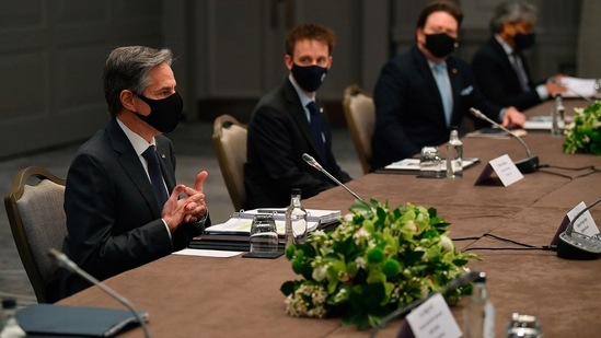 United States Secretary of State Antony Blinken, wearing a face mask to curb the spread of coronavirus, speaks to South Korea's Foreign Minister Chung Eui-yong during bilateral talks on the sidelines of a G7 foreign ministers meeting, at Grosvenor House Hotel, London. (AP) United States Secretary of State Antony Blinken, wearing a face mask to curb the spread of coronavirus, speaks to South Korea's Foreign Minister Chung Eui-yong during bilateral talks on the sidelines of a G7 foreign ministers meeting, at Grosvenor House Hotel, London. (AP)