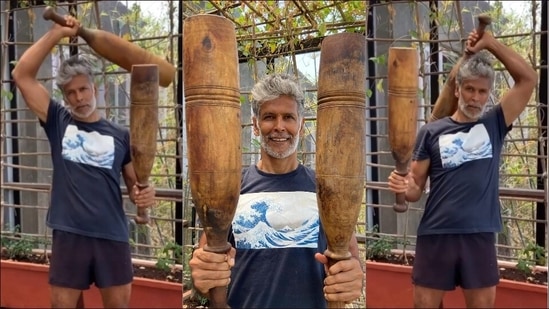 Milind Soman restores shoulder posture with mugdar, gets ready to donate plasma(Instagram/milindrunning)