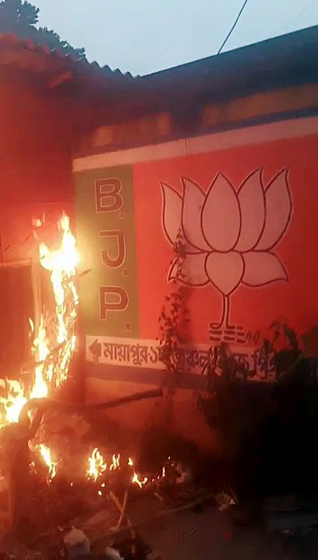 A BJP party office at Arambagh was set ablaze where the party’s candidate Madhusudan Bag defeated TMC’s Sujata Mondal by around 7,100 votes.. (ANI Photo)
