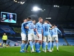 Manchester City players celebrate Riyad Mahrez's second goal against PSG at the Eithad Stadium during their UEFA Champions League match.(Twitter/Champions League) Manchester City players celebrate Riyad Mahrez's second goal against PSG at the Eithad Stadium during their UEFA Champions League match.(Twitter/Champions League)