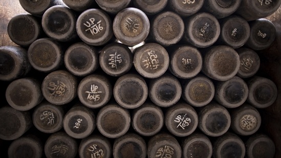 Oxygen cylinders, destined for hospitals, at a refilling facility in Moradabad on May 4. India’s cumulative case count has now reached 20,282,833, according to the Union health ministry's dashboard on May 4.(Anindito Mukherjee / Bloomberg)