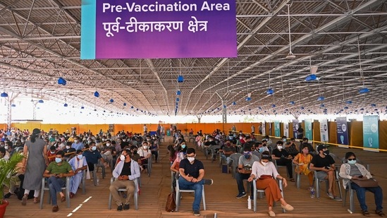 People aged 18 and above seen in the waiting area at a vaccination centre being operated by BLK-Max hospital, in New Delhi, on May 4. The active coronavirus caseload currently stands at 3,447,133.(Prakash Singh / AFP)
