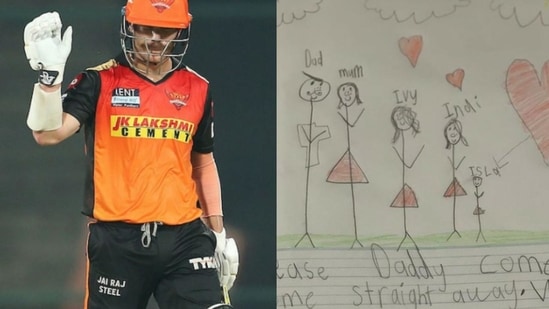 David Warner and his children's note after IPL 2021 was suspended. David Warner and his children's note after IPL 2021 was suspended.