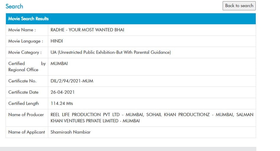CBFC's certification of Radhe Your Most Wanted Bhai.