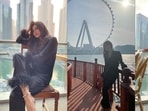 Mouni Roy slays <span class='webrupee'>₹</span>15k feathery black satin loungewear, in Dubai staycation pics(Instagram/imouniroy)