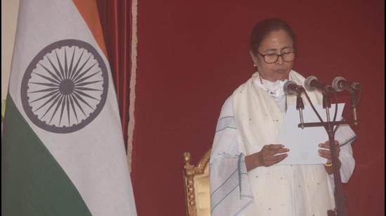 Mamata Banerjee taking oath as Chief Minister of West Bengal for the third consecutive year at Raj Bhavan in Kolkata on Wednesday. (SAMIR JANA/HT PHOTO.)