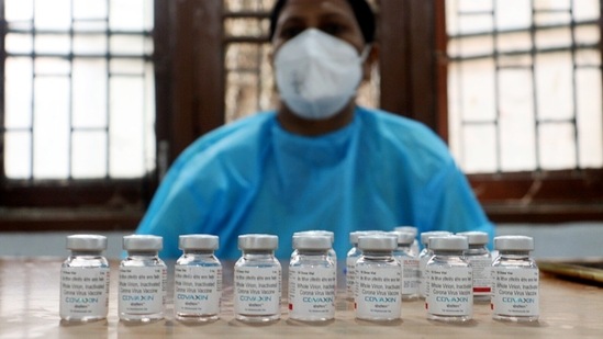 Covaxin vials are seen at a centre during Phase 3 of the Covid-19 vaccination drive in Jammu on May 4. The Centre has set a purchase rate of Rs.315 per dose for Covishield and Rs.420 per dose for Covaxin for states and Union territories. The vaccines are available for Rs.150 per dose to the Centre, HT reported.(ANI)