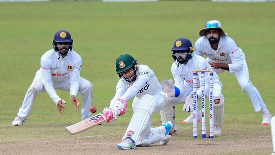 Bangladeshi batsman Mushfiqur Rahim plays a shot during the fourth day of the second test cricket match between Sri Lanka and Bangladesh.(AP)