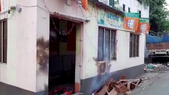 BJP office vandalised by unidentified people, in Ghoshpara road of Bhatpara in West Bengal on Monday, May 3. (ANI) BJP office vandalised by unidentified people, in Ghoshpara road of Bhatpara in West Bengal on Monday, May 3. (ANI)