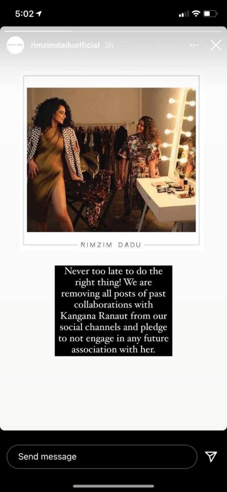 Rimzim Dadu's Instagram story about severing ties with Kangana Ranaut.(Instagram) Rimzim Dadu's Instagram story about severing ties with Kangana Ranaut.(Instagram)
