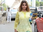 Rakhi Sawant, who was seen in Andheri, did not wear a face mask. She had a bottle of sanitizer in her hand.(Varinder Chawla)