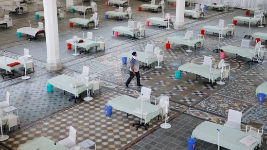 Beds are seen inside a Gurudwara (Sikh Temple) converted into a coronavirus disease (Covid-19) care facility amidst the spread of the deadly virus in New Delhi, India, on May 5, 2021. 