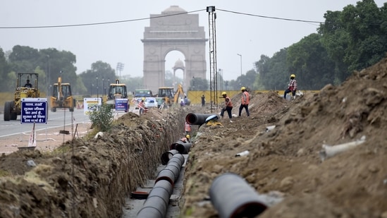 The jamun trees near Rajpath have a special significance to birders and nature lovers in the city. In picture - Rajpath dug up as part of the Central Vista Redevelopment project.(HT Photo )