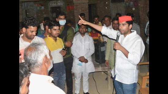 File photo SP chief Akhilesh Yadav’s cousin Aryan Yadav campaigning for the elder brother Abhishek Yadav in Saifai. Abhishek Yadav, the sitting zila panchayat member from Saifai 2 won the elections third time in row. (Sughar Singh/Saifai) File photo SP chief Akhilesh Yadav’s cousin Aryan Yadav campaigning for the elder brother Abhishek Yadav in Saifai. Abhishek Yadav, the sitting zila panchayat member from Saifai 2 won the elections third time in row. (Sughar Singh/Saifai)