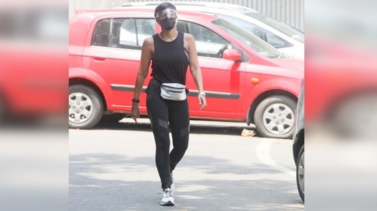 Mandira, on the other hand, opted for an all-black athleisure look for her outing in Bandra, Mumbai.(Varinder Chawla)
