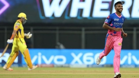 RR pacer Chetan Sakariya celebrates the wicket of CSK skipper MS Dhoni in IPL 2021 match no. 12(IPL)