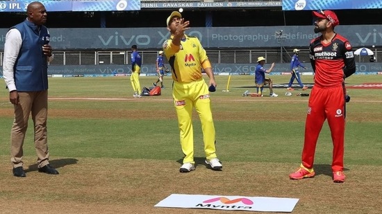CSK captain MS Dhoni and RCB skipper Virat Kohli at toss in IPL 2021, match no. 25 (IPL)