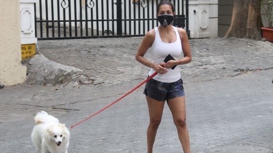 Malaika Arora was out on a stroll with her pet, Casper.(Varinder Chawla)
