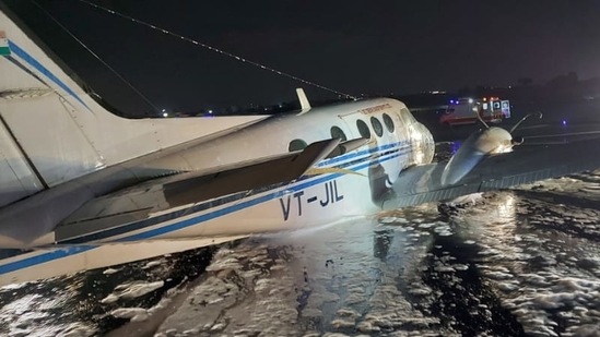 Airport officials foamed the runway to help the plane land safely as it could not launch its landing gear. (SOURCED) Airport officials foamed the runway to help the plane land safely as it could not launch its landing gear. (SOURCED)