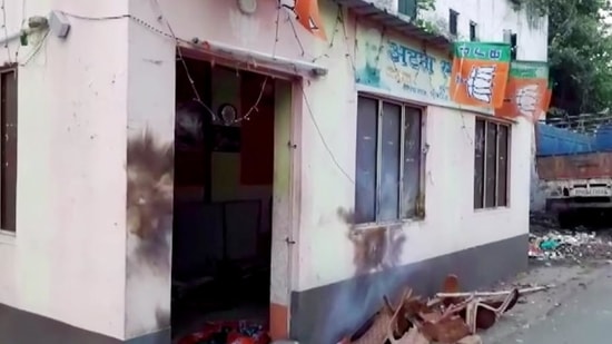 BJP office vandalised by unidentified people, in Ghoshpara road of Bhatpara in West Bengal.(ANI)