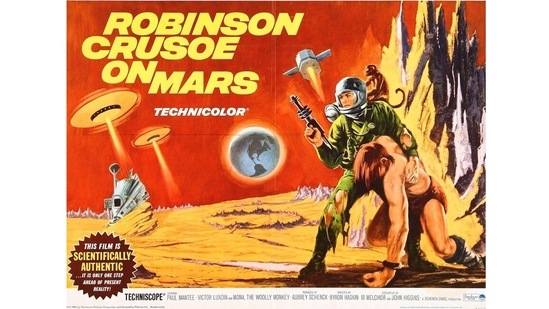 It’s desolate and he’s lonely, but there are edible plant sausages to eat. The planet has secrets. Are those alien spacecrafts in the sky? How come they have human-looking slaves. One slave escapes – of course he’s named Friday. But what happens next? Note that the poster describes the plot as “Scientifically Authentic”.