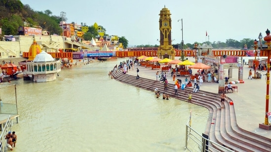 A view of the bathing area at Hari ki Pauri during a lockdown in Haridwar, Uttarakhand on May 4. Uttarakhand recorded 8,517 new Covid-19 cases on May 6 --its highest single-day record until now, HT reported.(ANI)