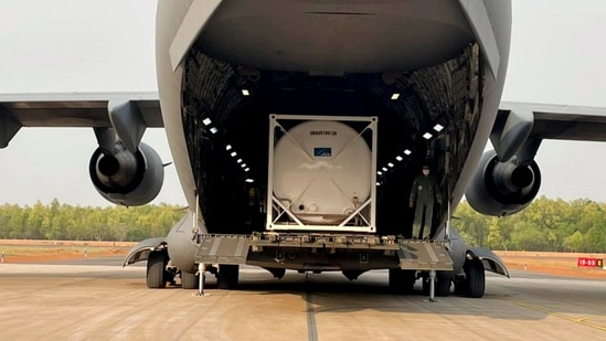  Four cryogenic oxygen containers have arrived in India at Panagarh Air Base from Singapore. The containers were air lifted in an IAF C-17 aircraft from at Changi airport, Singapore.(PTI)