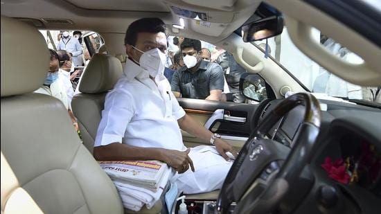 Tamil Nadu chief minister MK Stalin leaves after the swearing-in ceremony at Raj Bhavan, in Chennai on Friday, May 7. (PTI)