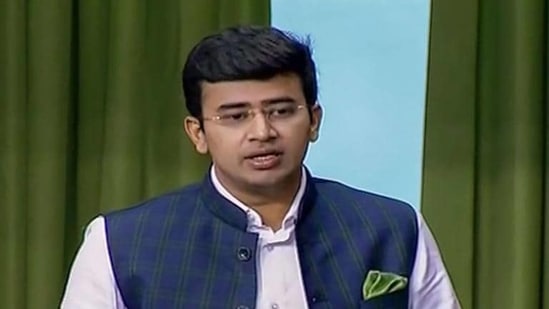 Bengaluru South MP Tejasvi Surya triggered a row when he appeared to question the qualifications of 16 men working at the BBMP south zone war room (PTI Photo) Bengaluru South MP Tejasvi Surya triggered a row when he appeared to question the qualifications of 16 men working at the BBMP south zone war room (PTI Photo)
